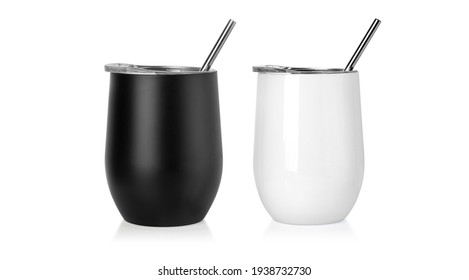 Blank Stainless Steel Stemless Wine Glass Tumbler for Branding with straw isolated on white with clipping path
