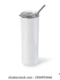 Blank  Stainless Steel Tumbler with Lid  for branding mock up. Isolated on white 