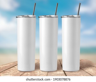 Blank Stainless Steel Tumbler on Blur abstract background modern tiles wall, 