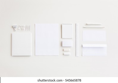 Blank Stationery And Corporate Identity Set On White Background. Template For Design Presentations. Branding Mock-Up.