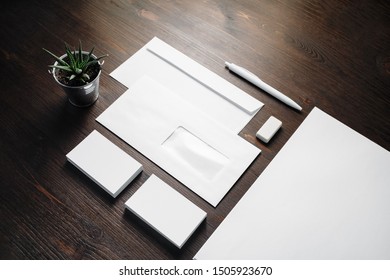 Blank Stationery Set. Business Brand Template On Wooden Background.