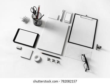 Blank stationery set on paper background. Corporate identity template. Responsive design mockup.