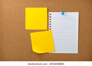 Blank sticky note paper on cork board wall. Noticeboard to organize life and work concept 