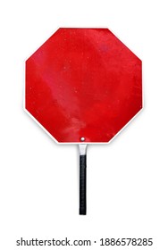 Blank stop sign used for traffic control by crossing guards, police or work zones. Hand-held paddle stop sign template or mockup. Aged red metal texture sign in octagon shape. Isolated on white.