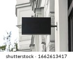 Blank store signage sign design mockup isolated, Clear shop template. Street hanging mounted on the wall. Signboard for logo presentation. Metal cafe restaurant bar plastic badge black white. 
