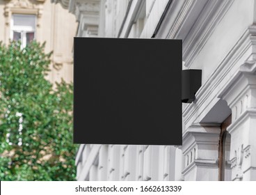 Blank Store Signage Sign Design Mockup Isolated, Clear Shop Template. Street Hanging Mounted On The Wall. Signboard For Logo Presentation. Metal Cafe Restaurant Bar Plastic Badge Black White. 