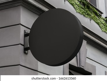 Blank store signage sign design mockup isolated, Clear shop template. Street hanging mounted on the wall. Signboard for logo presentation. Metal cafe restaurant bar plastic badge black white round. 