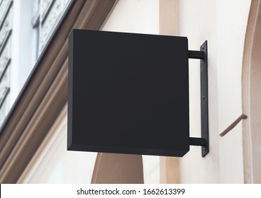 Blank Store Signage Sign Design Mockup Isolated, Clear Shop Template. Street Hanging Mounted On The Wall. Signboard For Logo Presentation. Metal Cafe Restaurant Bar Plastic Badge Black White. 