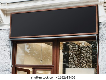 Blank Store Signage Sign Design Mockup Isolated, Clear Shop Template. Street Hanging Mounted On The Wall. Signboard For Logo Presentation. Metal Cafe Restaurant Bar Plastic Badge Black White. 