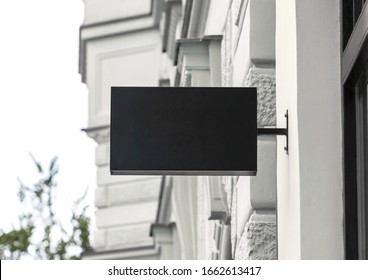 Blank Store Signage Sign Design Mockup Isolated, Clear Shop Template. Street Hanging Mounted On The Wall. Signboard For Logo Presentation. Metal Cafe Restaurant Bar Plastic Badge Black White. 