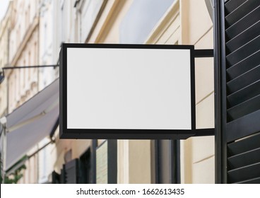 Blank Store Signage Sign Design Mockup Isolated, Clear Shop Template. Street Hanging Mounted On The Wall. Signboard For Logo Presentation. Metal Cafe Restaurant Bar Plastic Badge Black White. 