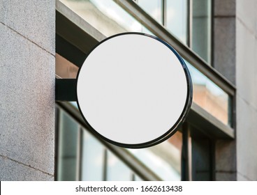 Blank Store Signage Sign Design Mockup Isolated, Clear Shop Template. Street Hanging Mounted On The Wall. Signboard For Logo Presentation. Metal Cafe Restaurant Bar Plastic Badge Black White Round. 