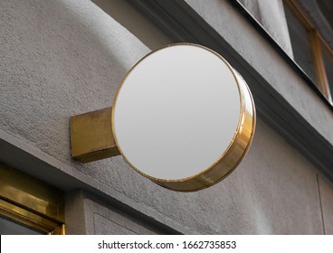 Blank Store Signage Sign Design Mockup Isolated, Clear Shop Template. Street Hanging Mounted On The Wall. Signboard For Logo Presentation. Metal Gold Cafe Restaurant Bar Plastic Badge Black White. 