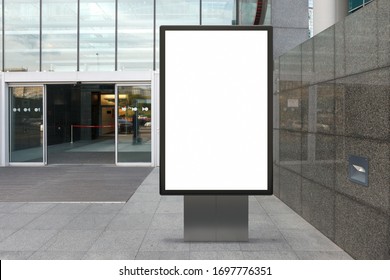 Blank street billboard poster stand mock upnear entace of shopping center in  downtown. 3d illustration.