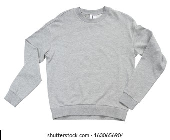 Blank Sweatshirt Grey Color Mock Up Template Front View On White Background. Gray Cotton Sweatshirt Mockup. Grey Empty Blank Sweat Shirt  