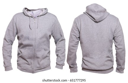 Blank Sweatshirt Mock Up Template, Front, And Back View, Isolated On White, Plain Gray Hoodie Mockup. Hoody Design Presentation. Jumper For Print. Blank Clothes Sweat Shirt Sweater