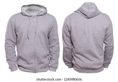 Blank Sweatshirt Mock Up, Front, And Back View, Isolated On White. Plain Gray Hoodie Mockup. Hoody Design Presentation. Jumper For Print. Blank Clothes Sweat Shirt Sweater