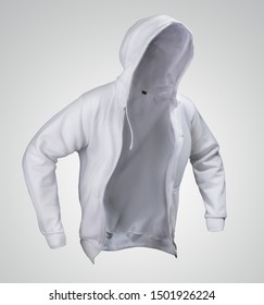 Blank Sweatshirt Mock Up, Front View, Over Grey Background. Plain White Ghost Hoodie Mockup With Motion. Hoody Design Presentation With No People. Jumper For Print. Blank Clothes Sweat Shirt Sweater