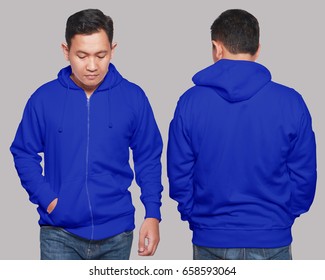 Blank Sweatshirt Mock Up, Front, And Back View, Isolated On Grey. Asian Male Model Wear Plain Blue Hoodie Mockup. Hoody Design Presentation. Jumper For Print. Blank Clothes Sweat Shirt Sweater