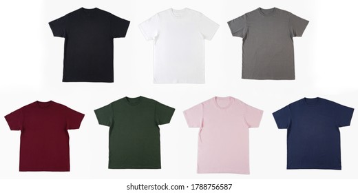 Blank T Shirt 7 Color Template. Black, White, Gray, Green, Pink, Red, And Blue. Blank Tshirt Mock Up Template, Front View, Isolated On White Background, Plain T-shirt Mockup. Tshirt Mockup For Print.