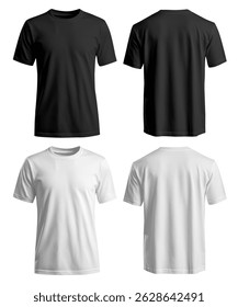 Conjunto de camiseta en blanco y negro para la vista frontal y posterior de la Plantilla de la maqueta sobre fondo blanco