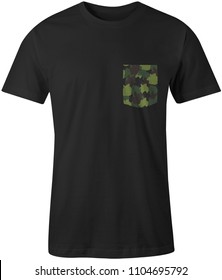 Blank T Shirt Short Sleeve O Neck In Black Color With Camouflage Pattern Pocket For Mockup Template In Front View. Isolated On White Background.