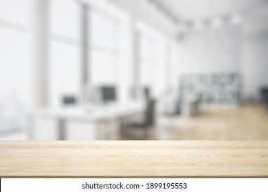 Blank Tabletop Made Of Wooden Planks With Light Contemporary Furnished Office On Background, Mockup