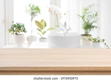 Blank Tabletop For Product Display With Blurred Bathroom Sink Background