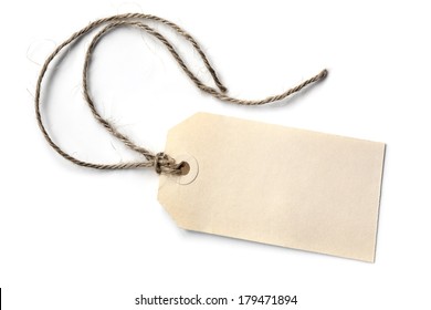 Blank Tag Tied With String, Isolated On White.