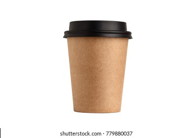 Blank Take Away Kraft Coffee Cup Isolated On White Background.