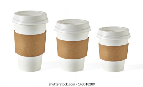 Blank Take Away Large, Medium, Small Coffee Cups In Three Size Mockup Or Mock Up Template Isolated On White Background