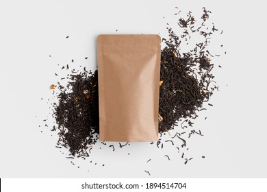Blank Tea Packaging Mockup With Tea, Top View, Packaging Mockup With Empty Space To Display Your Branding Design.