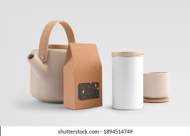 Blank tea packaging with a transparent window, pot, tea container, teacup, front view, on a white background, packaging mockup with empty space to display your branding design.