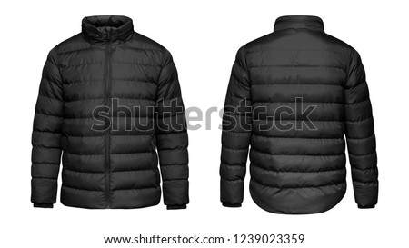 Blank template black down jacket with zipped, front and back view isolated on white background. Mockup winter sport jacket 