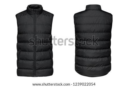 Blank template black waistcoat down jacket sleeveless with zipped, front and back view isolated on white background. Mockup winter sport vest 