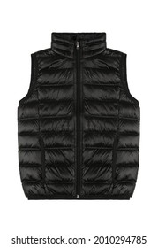 Blank template black waistcoat sleeveless with zipped, front view isolated on white background. Mockup black sport vest. Down jacket