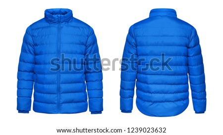 Blank template blue down jacket with zipped, front and back view isolated on white background. Mockup winter sport jacket 