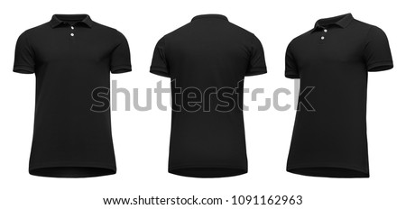 Blank template men black polo shirt short sleeve, front and back view half turn bottom-up, isolated on white background with clipping path. Mockup concept t-shirt for design and print.