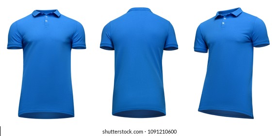 Blank template men blue polo shirt short sleeve, front and back view half turn bottom-up, isolated on white background with clipping path. Mockup concept t-shirt for design and print.