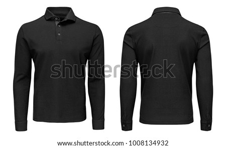 Blank template mens black polo shirt long sleeve, front and back view, isolated on white background with clipping path. Design sweatshirt mockup for print.