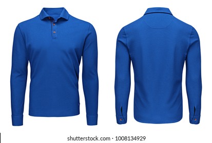 Blank template mens blue polo shirt long sleeve, front and back view, isolated on white background with clipping path. Design sweatshirt mockup for print.