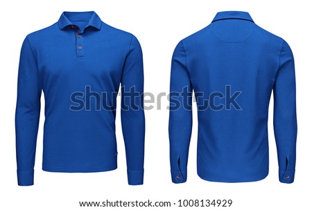 Blank template mens blue polo shirt long sleeve, front and back view, isolated on white background with clipping path. Design sweatshirt mockup for print.