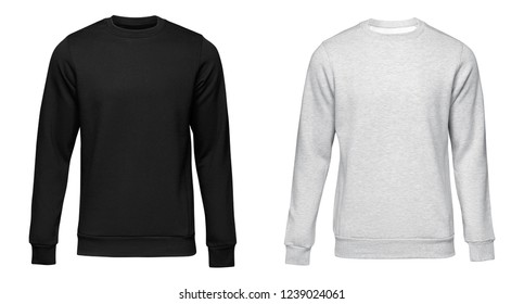 Blank template mens grey and black pullover long sleeve, front and back view, isolated on white background with clipping path. Design sweatshirt mockup for print.