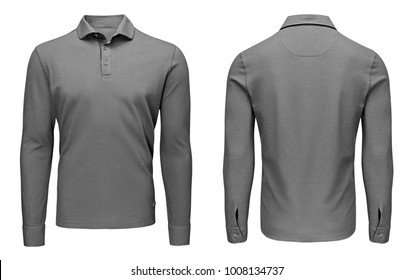 Blank template mens grey polo shirt long sleeve, front and back view, isolated on white background with clipping path. Design sweatshirt mockup for print.