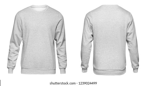 Blank template mens grey sweatshirt long sleeve, front and back view, isolated on white background with clipping path. Design gray pullover mockup for print.