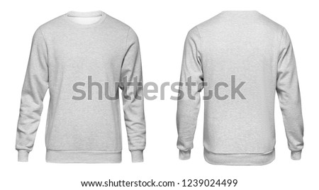 Blank template mens grey sweatshirt long sleeve, front and back view, isolated on white background with clipping path. Design gray pullover mockup for print.