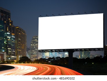 Blank Template  For Outdoor Advertising Or Blank Billboard On The Highway During The Twilight. With Clipping Path On Screen - Can Be Used For Trade Shows, And Advertising Or Promotional Poster.