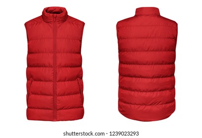 Blank template red waistcoat down jacket sleeveless with zipped, front and back view isolated on white background. Mockup winter sport vest 
