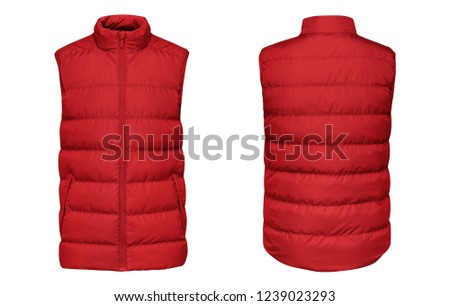 Blank template red waistcoat down jacket sleeveless with zipped, front and back view isolated on white background. Mockup winter sport vest 