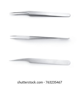 blank template set metal tweezers for artificial or fake eyelashes for your design, white background.